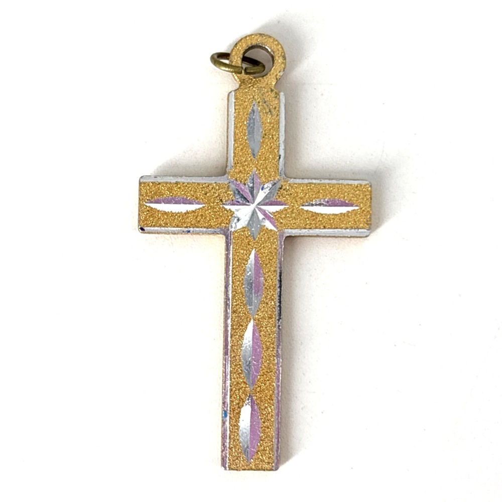 VTG Cross Pendant Charm Deco Style Bi Color Silver Gold‎ Taiwan 1.75" x  1"